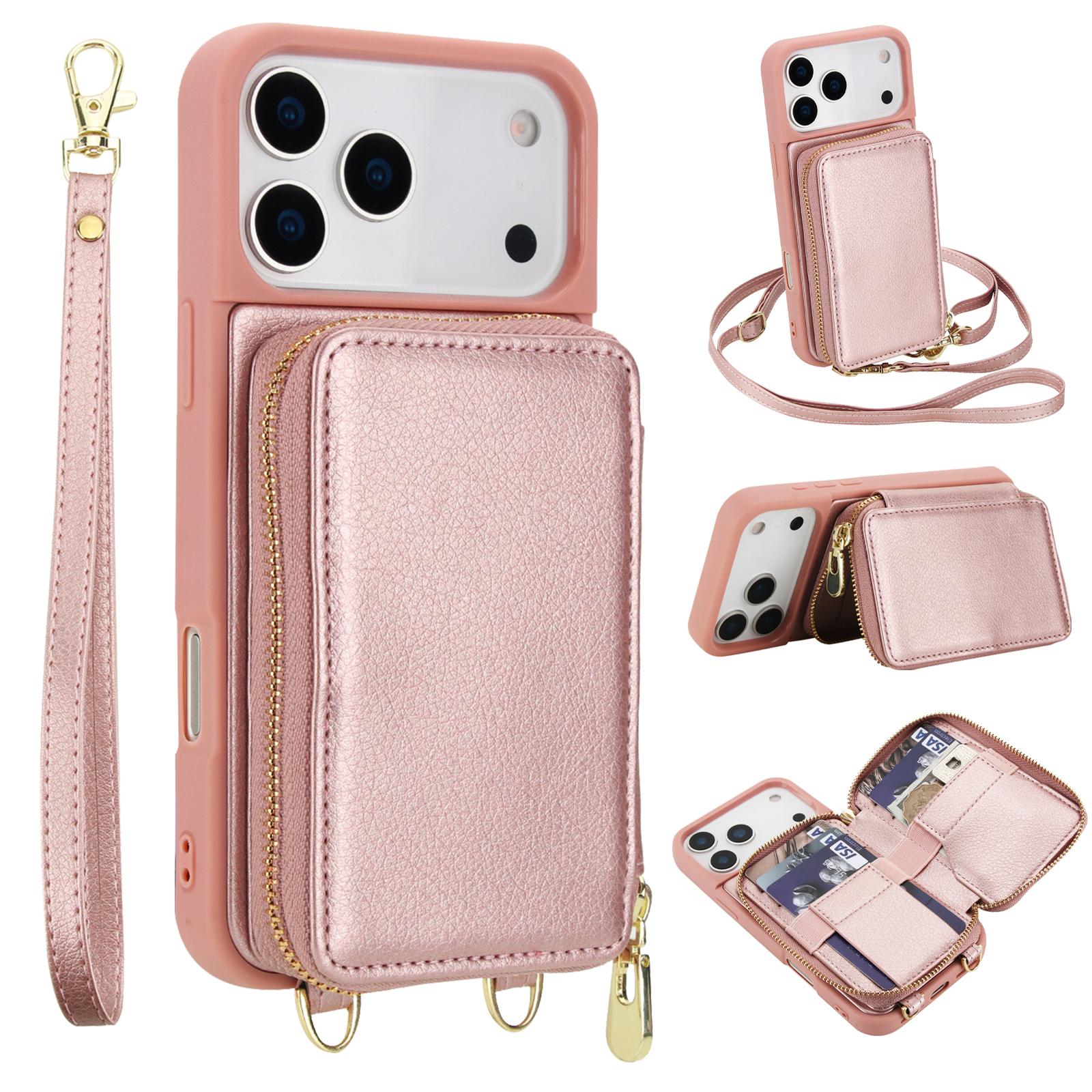 

For iPhone 17 Pro Case RFID Blocking Zipper Wallet Leather + TPU Phone Cover with Shoulder Strap