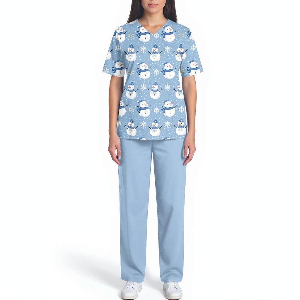 Women's Fashion Print Short Sleeve V Neck Pattern Tops Pocket Working Set