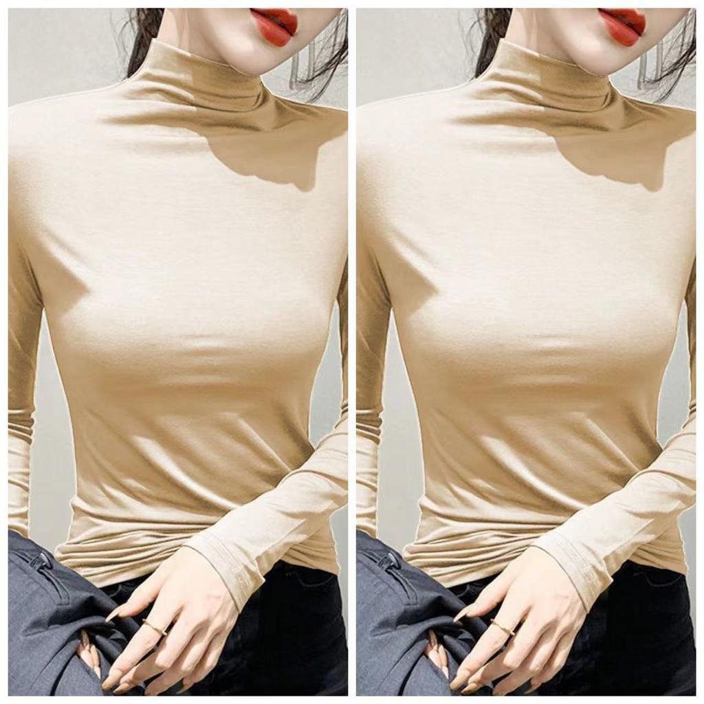 Women's Half - High Neck Base Layer Top for Spring and Autumn Long - Sleeved T - Shirt Inner Wear Versatile Slim Fit Black Outer - Wear Top