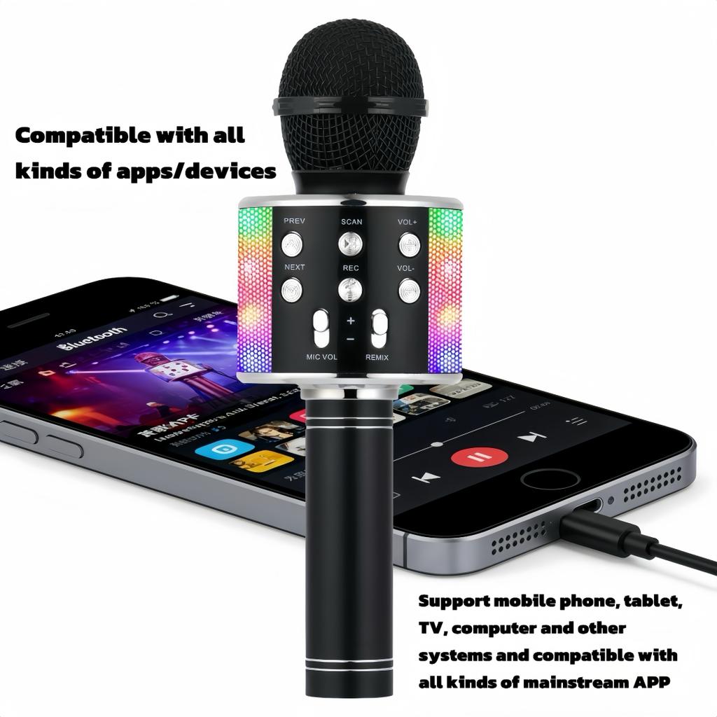 All-in-one Entertainment Microphone Speaker, Karaoke, Music Player, Voice Changer, FM Radio, LED Light Mic for Party Gathering