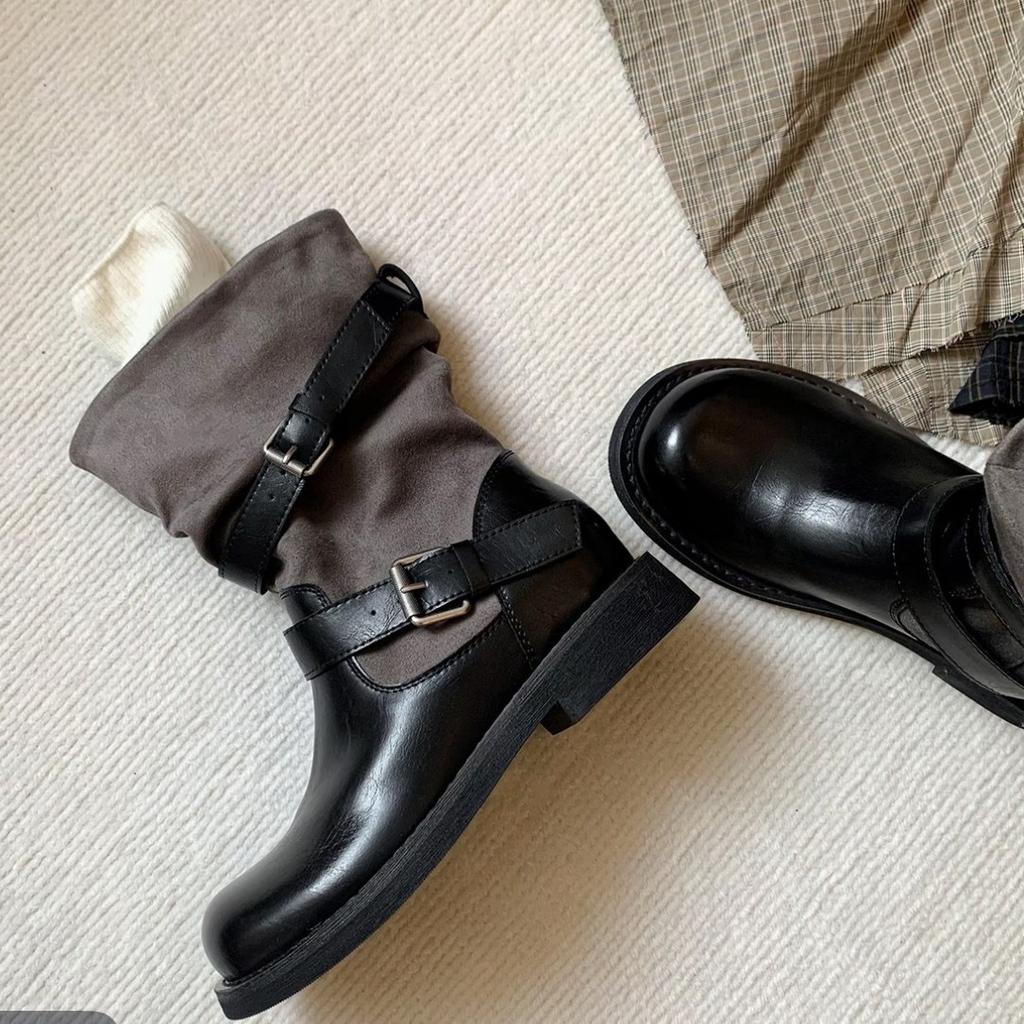 Inner height increase retro color matching belt buckle sleeve stacking boots women's new versatile round head thick heel western cowboy boots