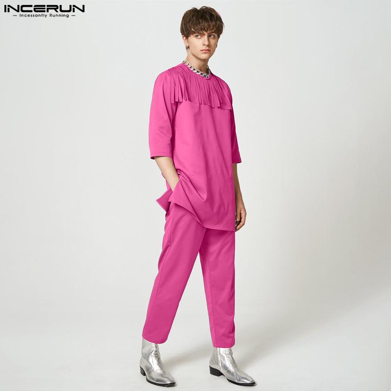 

INCERUN весенние мужские комплекты из 2 предметов, однотонные топы с длинными рукавами, длинные брюки, домашняя одежда