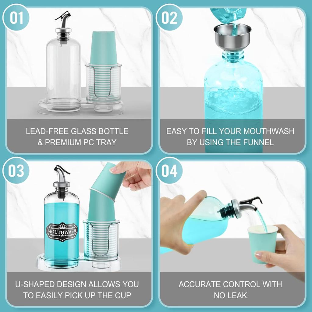 Mouthwash Dispenser for Bathroom with Cup Holder Detachable Glass Mouthwash Container 16 Oz,Refillable Mouth Washer Dispenser for Countertop