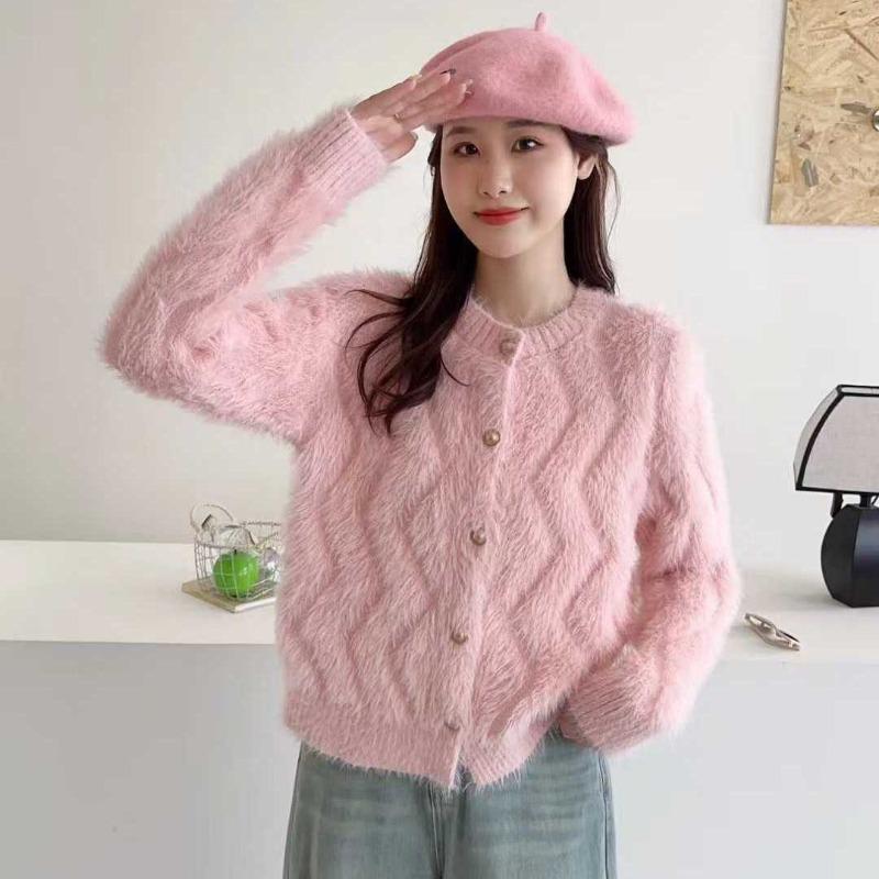 

Осенне-зимнее пальто-свитер из мягкой ворсистой норки, женский свободный и милый вязаный кардиган-топ S розовый