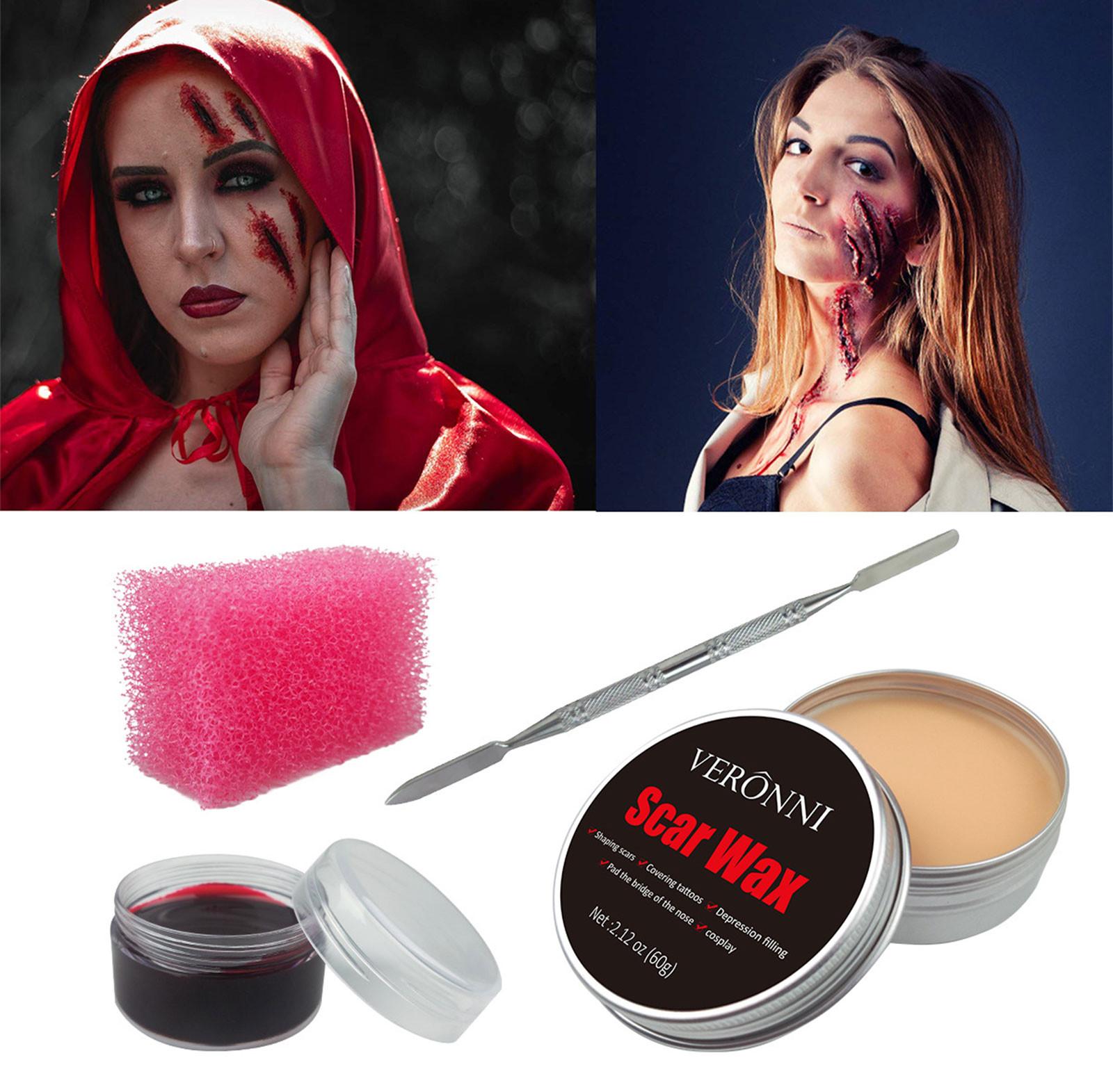 

4 шт., набор для макияжа со спецэффектами на Хэллоуин, моделирующий шрам, воск, свернувшаяся кровь, с лопаточкой и губкой, 20 мл One Size