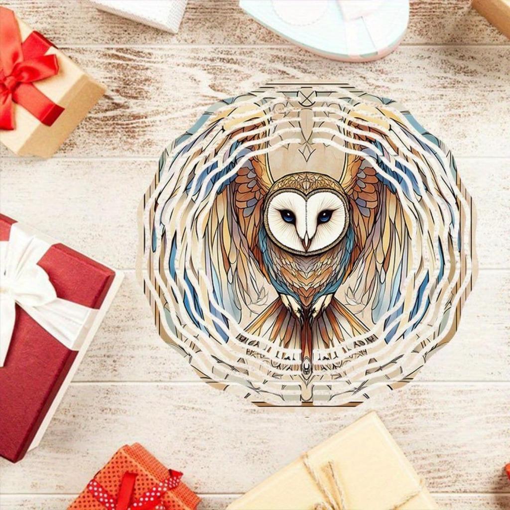Owl-Design Metal Windmill Garden Decor – Dual-Direction Spinning Wind Chime, White Face & Owl Art, Outdoor Hanging Ornament – Easy