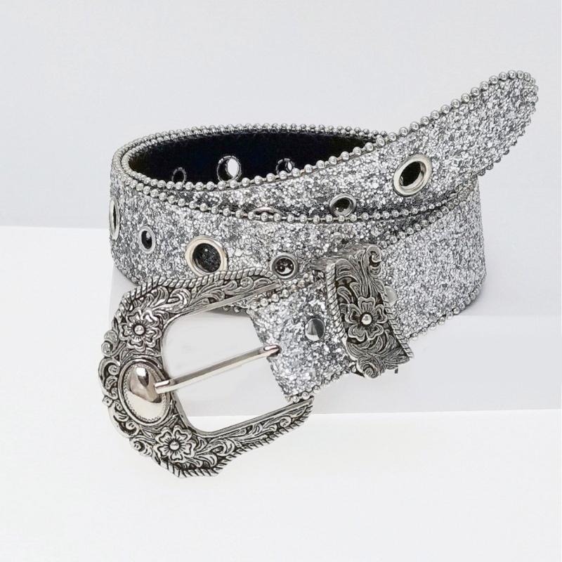 Large Eyelet Sequined Belt for Jeans Bead Trim PU Leather Belt Subculture Pants Belt Elegant Girl Clothing Waist Decors