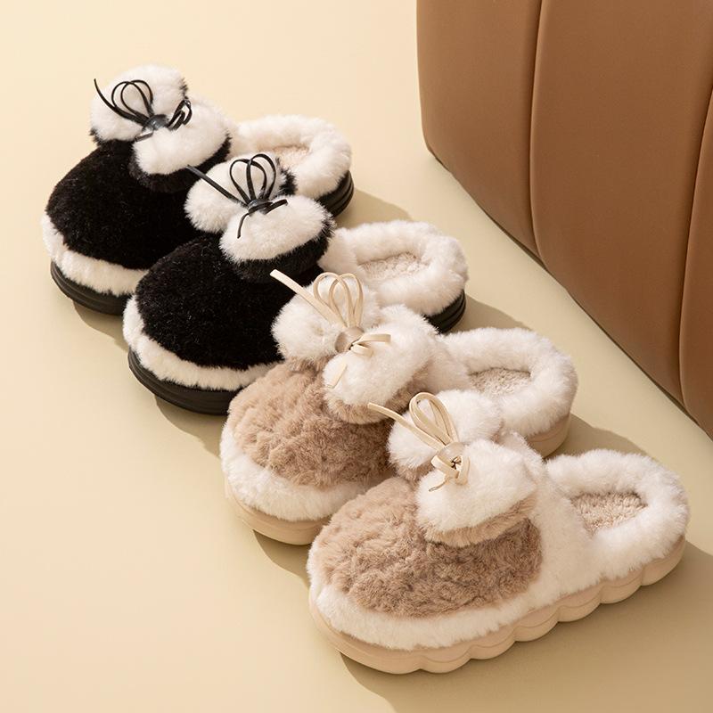 Bow plush cotton slippers women's 2025 new winter non-slip thick bottom piled thickened warm home cotton mop
