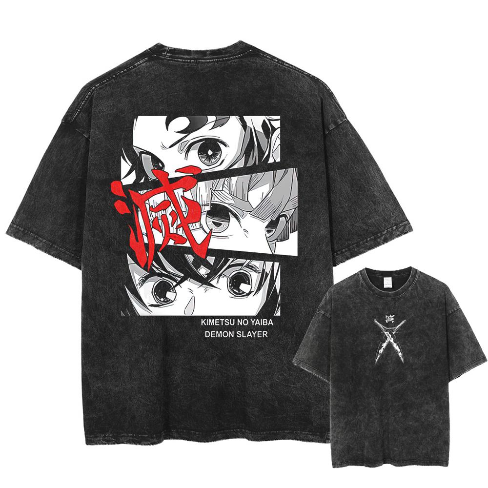 Men Streetwear Summer Rengoku Kyoujurou Top Tee Harajuku Anime Demon Slayer Printed T-shirt Vintage Washed Oversized Tshirt