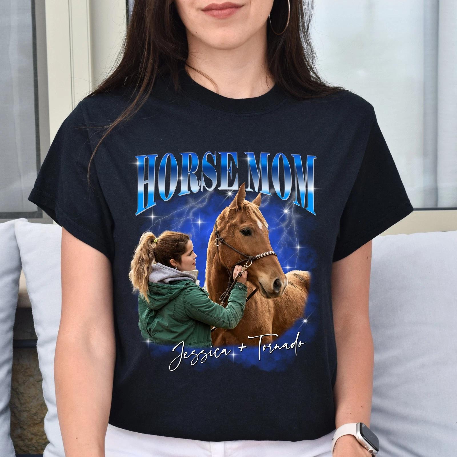 Custom Horse Mom Unisex T-Shirt Your pictures Horse owner Horse mama tee Black N L