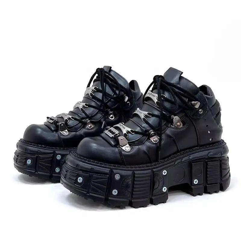 Punk Style Women Black Shoes Rock Metal Decor Lace-up Heel Height Platform Shoes Gothic Man Sneakers Women Ankle Boots
