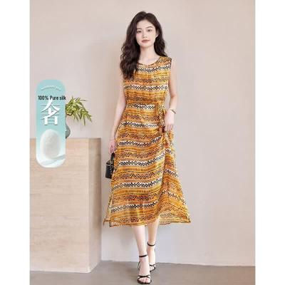 Demana Women's 100% Mulberry Silk Ethnic Striped Sleeveless Dress