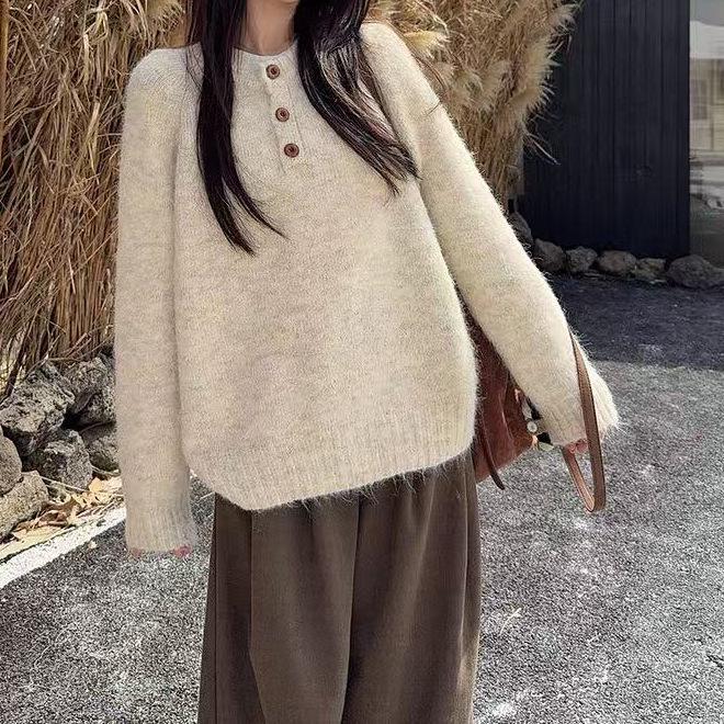 Autumn-Winter Loose Knit Pullover Sweater with Three Buttons - Korean Style Women's Top