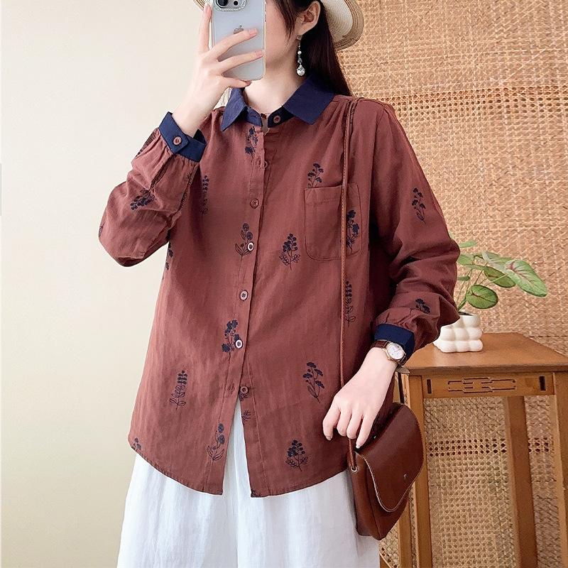 Dubbellaagse katoenen garen pure katoen revershemd, nieuwe Japanse casual stijl los en eenvoudig bloemenprint lange mouwen top voor dames