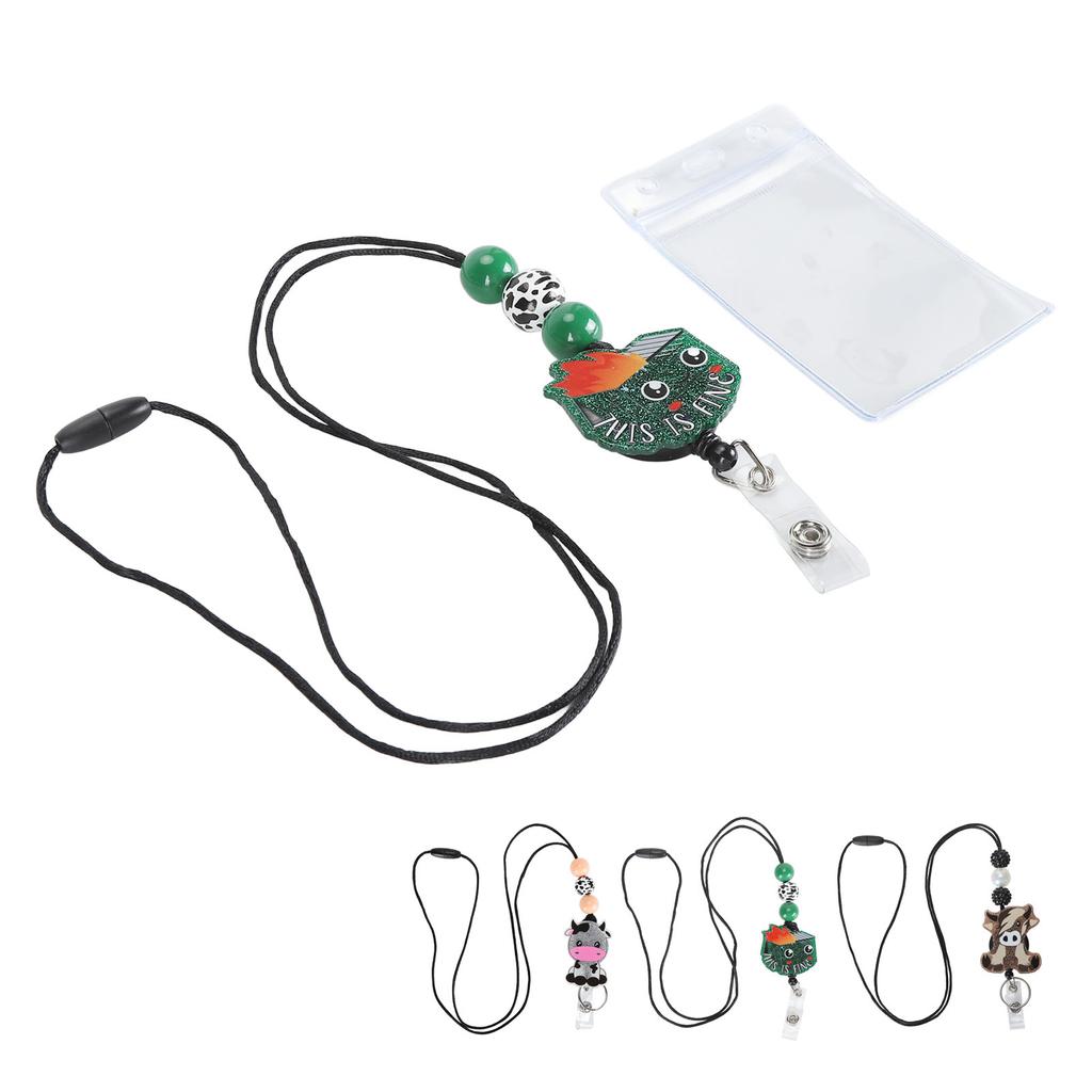 Badge Holder with Lanyard Cartoon Beaded Design Adjustable Nylon Cord Bus Card Holder for Office Sch