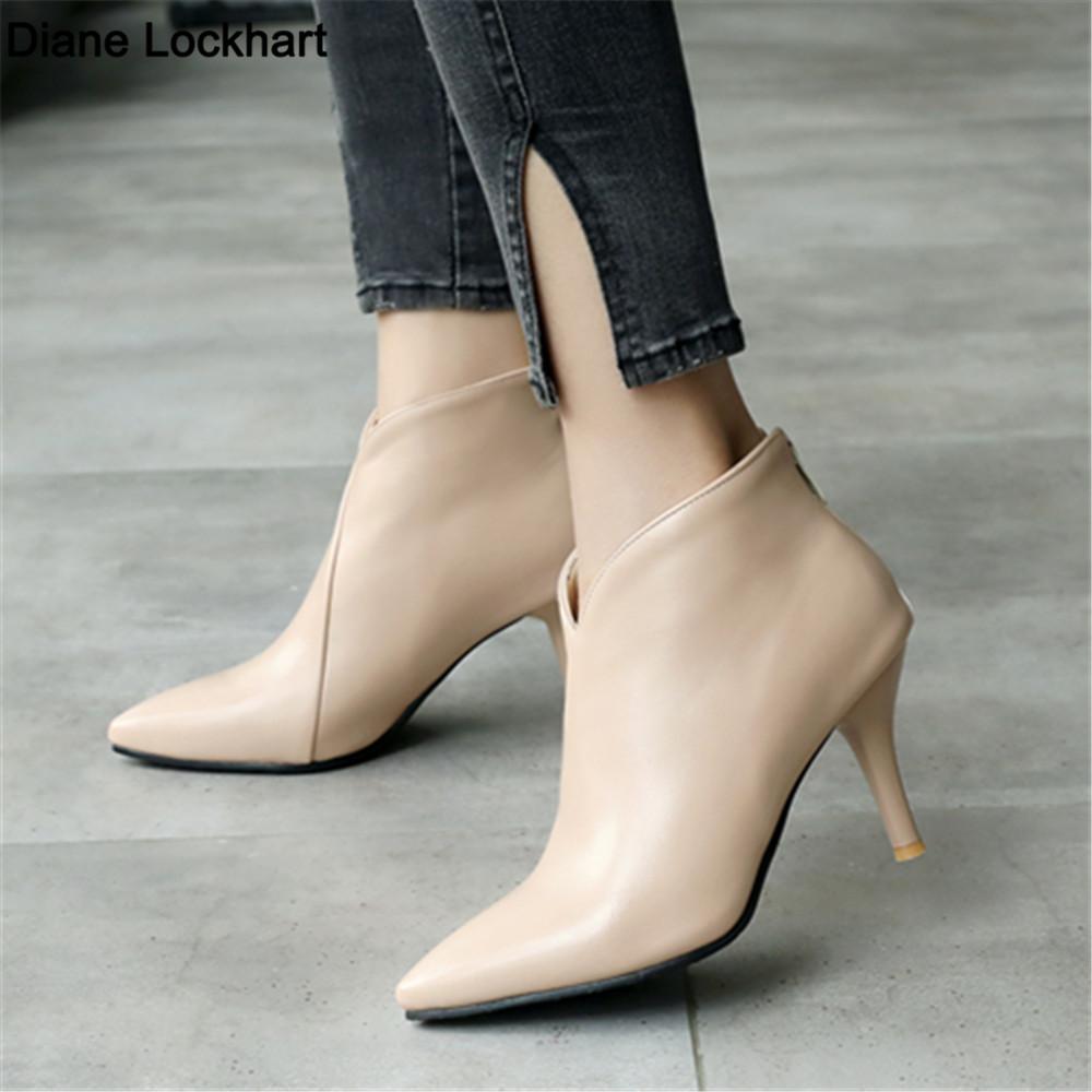 Fashion Women Shoes Fashion Metal Zipper Ankle Boots Ladies Elegant Short Plush Sexy Thin Heels Boats Mujer For Girls Size 32-43 Beige