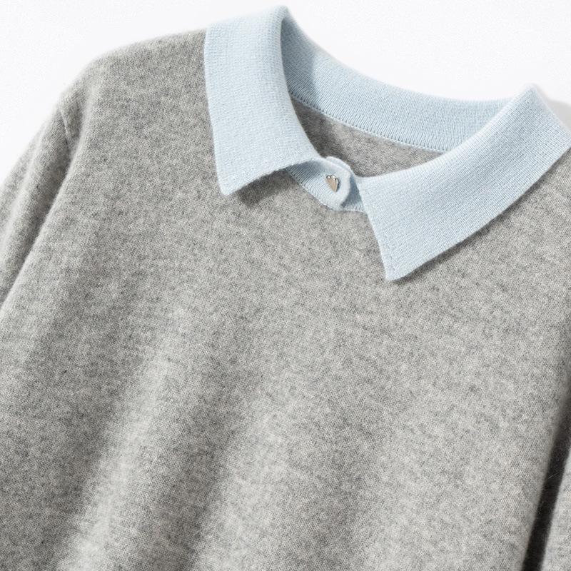 Women's 100% Pure Cashmere Color Block Polo Collar Sweater - Long Sleeve Knit Pullover for Autumn/Winter
