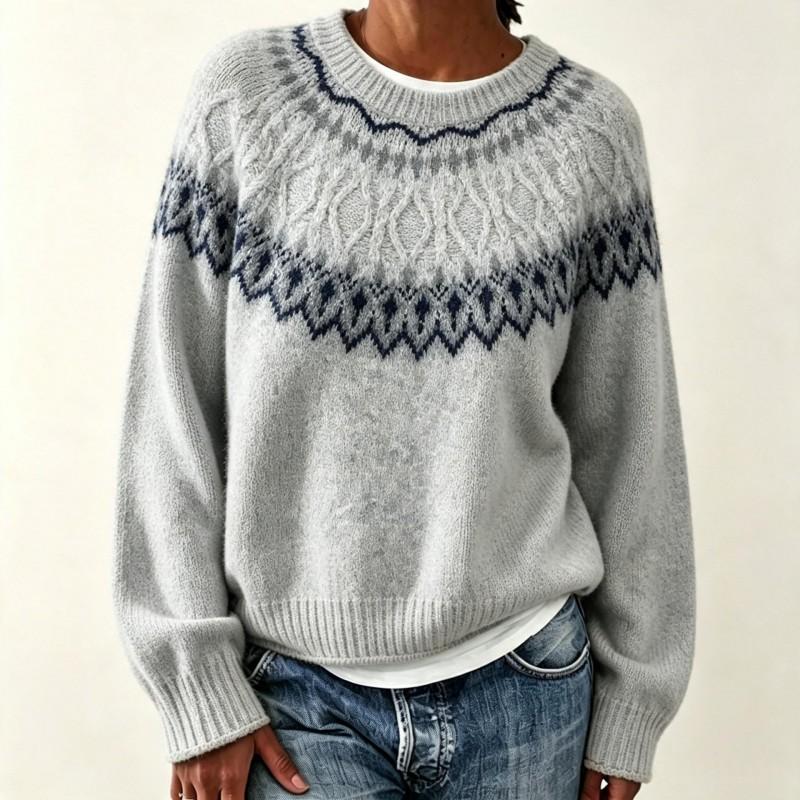 Womens Oversized Crewneck Knit Sweater With Fair Isle Colorblock Soft Acrylic Blend Loose Fit Winter