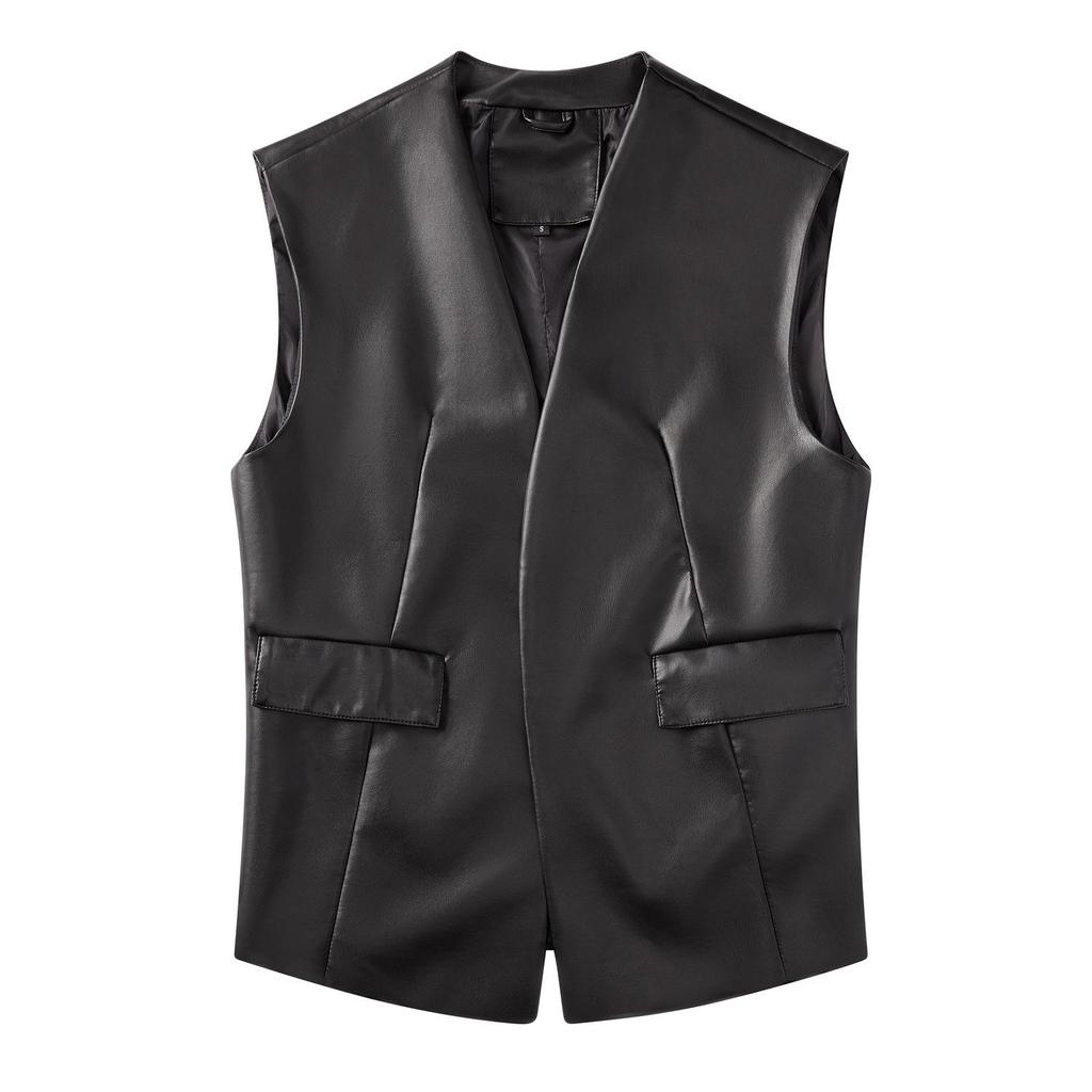 Plus Size Women's Sleeveless PU Leather Vest & Short Cardigan Jacket