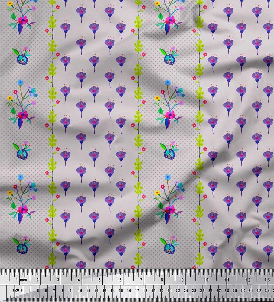 Soimoi Gray Japan Crepe Satin Fabric Stripe & Freesia Floral Print Fabric by Metre 42 Inch