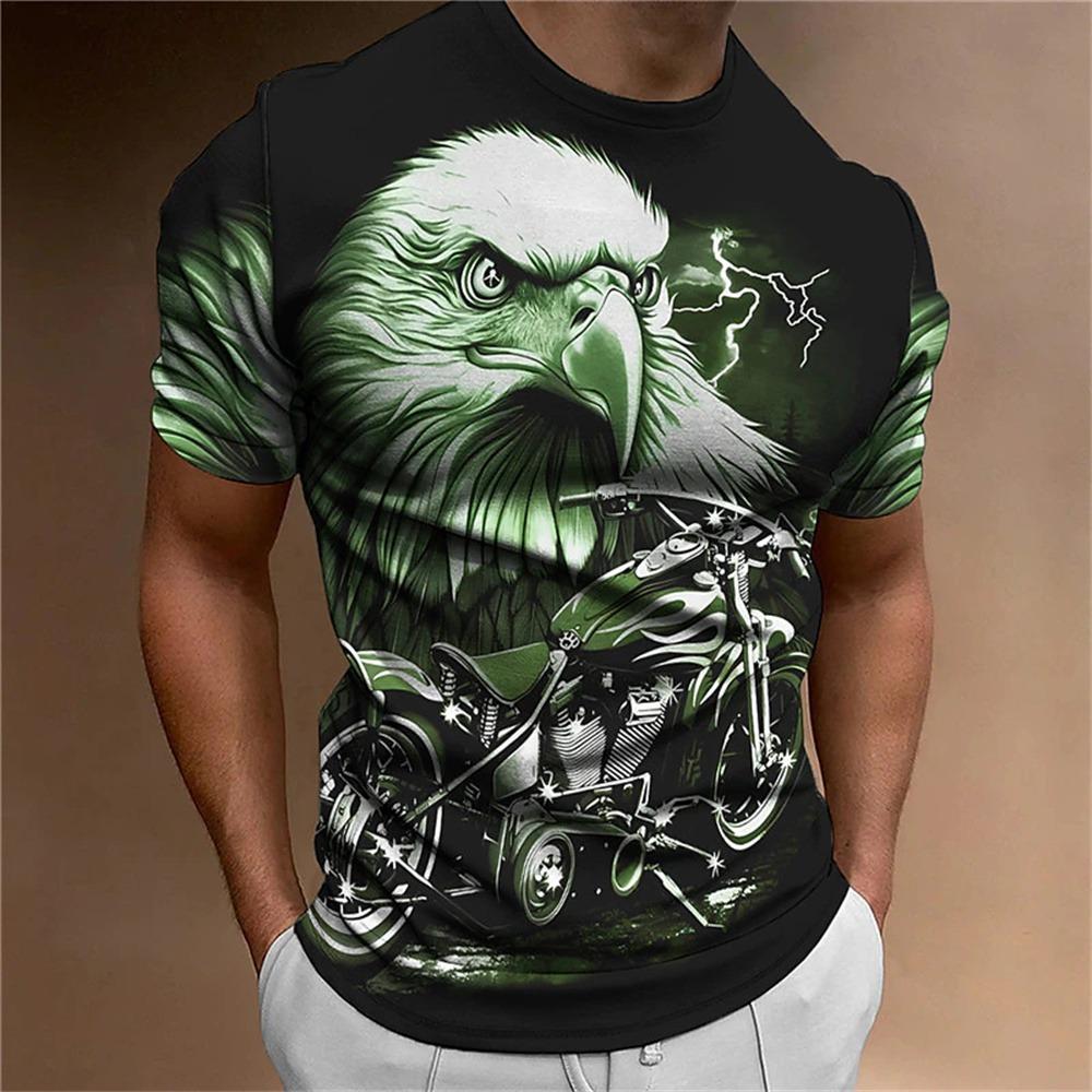 Men's Animal Pattern T-Shirt, Eagle, Motorcycle, 3D Print, Vintage Trendy Loose Large Size Casual Street Short Sleeve Top