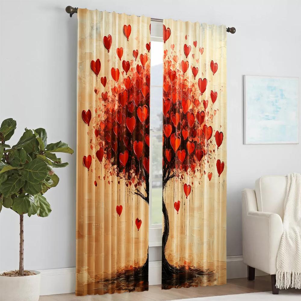 2 pcs   versatile polyester transparent curtains for home decoration Valentine's Day red love tree for use in bedrooms and living