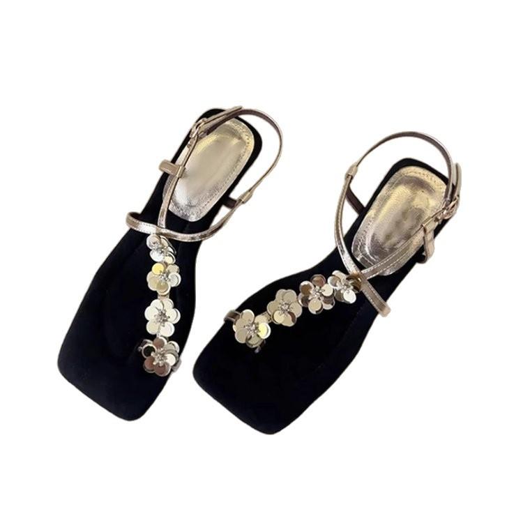 Giant Beauty~ French Square Head Niche Design Sequins Flower Set Toe Sandals Women's Soft Sole with Skirt Wedge Heel Sandals
