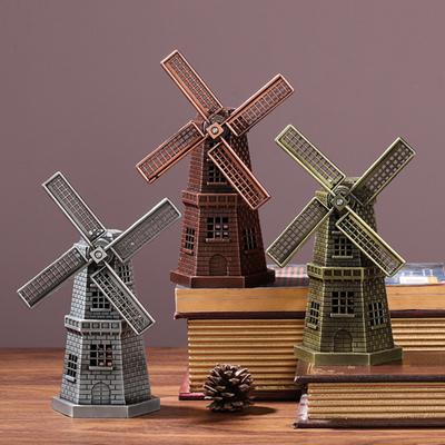 Windmill Model Rotatable Exquisite Workmanship Vintage Style Antique Bronze Metal Windmill Statue for Desktop