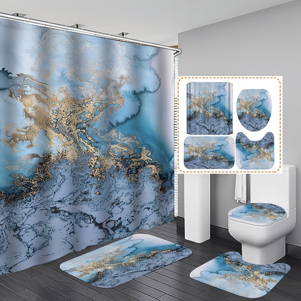 4-Pack Marble Shower Curtain, 3D Fabric Bathroom Curtain With Hooks, Flannel Toilet Seat, Non-Slip Rug
