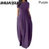 IHUASU Women Casual Loose Long Dress O-Neck Short Sleeve Summer Beach Dress Elegant Party Dress