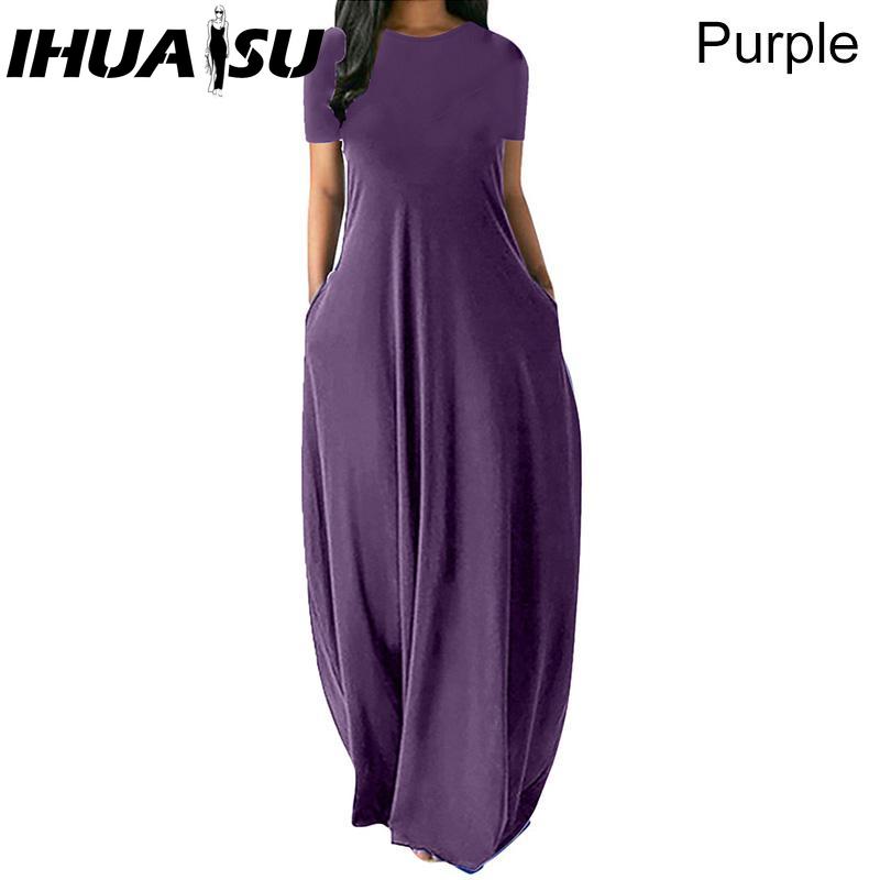 IHUASU Women Casual Loose Long Dress O-Neck Short Sleeve Summer Beach Dress Elegant Party Dress