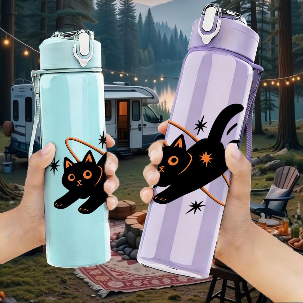 1PC Black Cat Planet Star Pattern 750ml Color Plastic Sports Water Bottle Leakproof Flip Straw Lid Suitable for Sports Office Home Use
