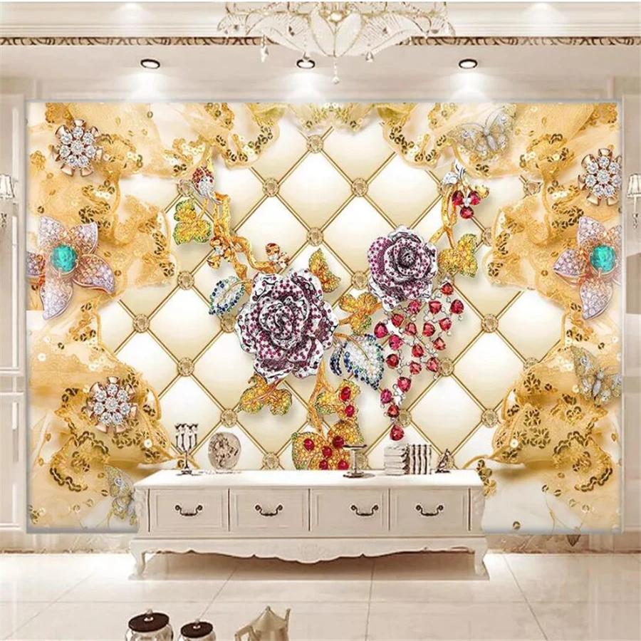 Wallpaper Fashion 3d Mural Soft Package Luxury Wall Mural Gold Diamond Flower Jewelry Wallpaper