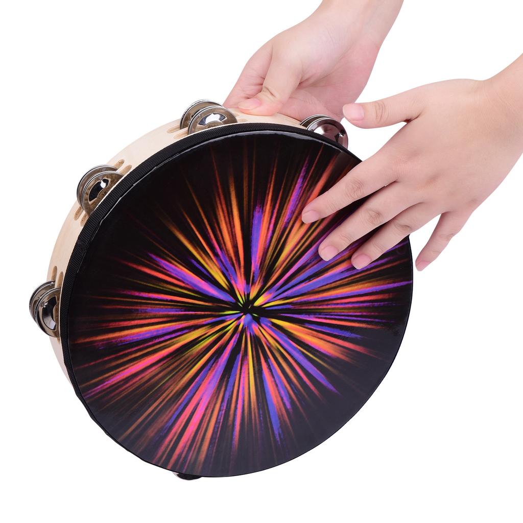 10 Inch Wooden Rdiant Tambourine Handbell Hand   with Double Row Jingles Reflective   Head Percussion Instrument Musical Toy
