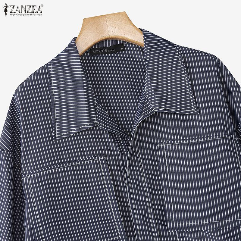 ZANZEA Women Casual Turn Down Collar Loose Long Sleeve Stripe Blouse