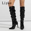 Modne Liyke Fashion Design Plisowane Lakierowane Kozaki do Kolan Damskie Czerwone Szpiczasty Nosek Zamek Szpilki Obcasy Buty Imprezowe Botki Damskie