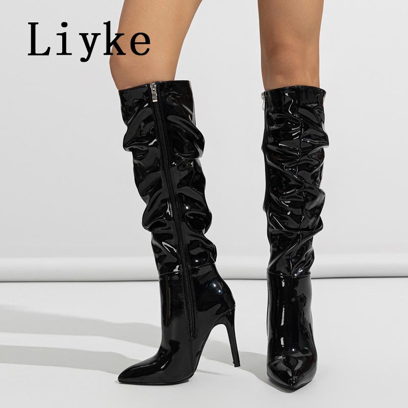 Modne Liyke Fashion Design Plisowane Lakierowane Kozaki do Kolan Damskie Czerwone Szpiczasty Nosek Zamek Szpilki Obcasy Buty Imprezowe Botki Damskie