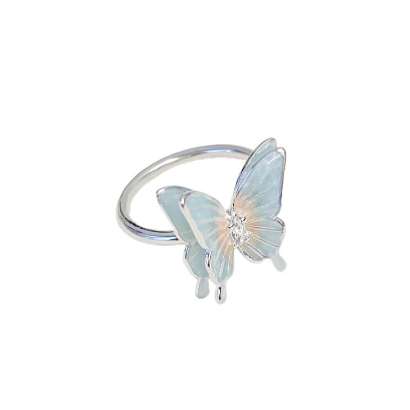 Light Luxury Silver Enamel Butterfly Open Ring Niche Design Sweet Romantic Personality Female Accessories Creative Ring