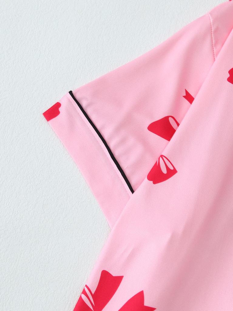 Bow Short-Sleeve Pajama Shorts Set – Stylish Indoor/Outdoor Wear