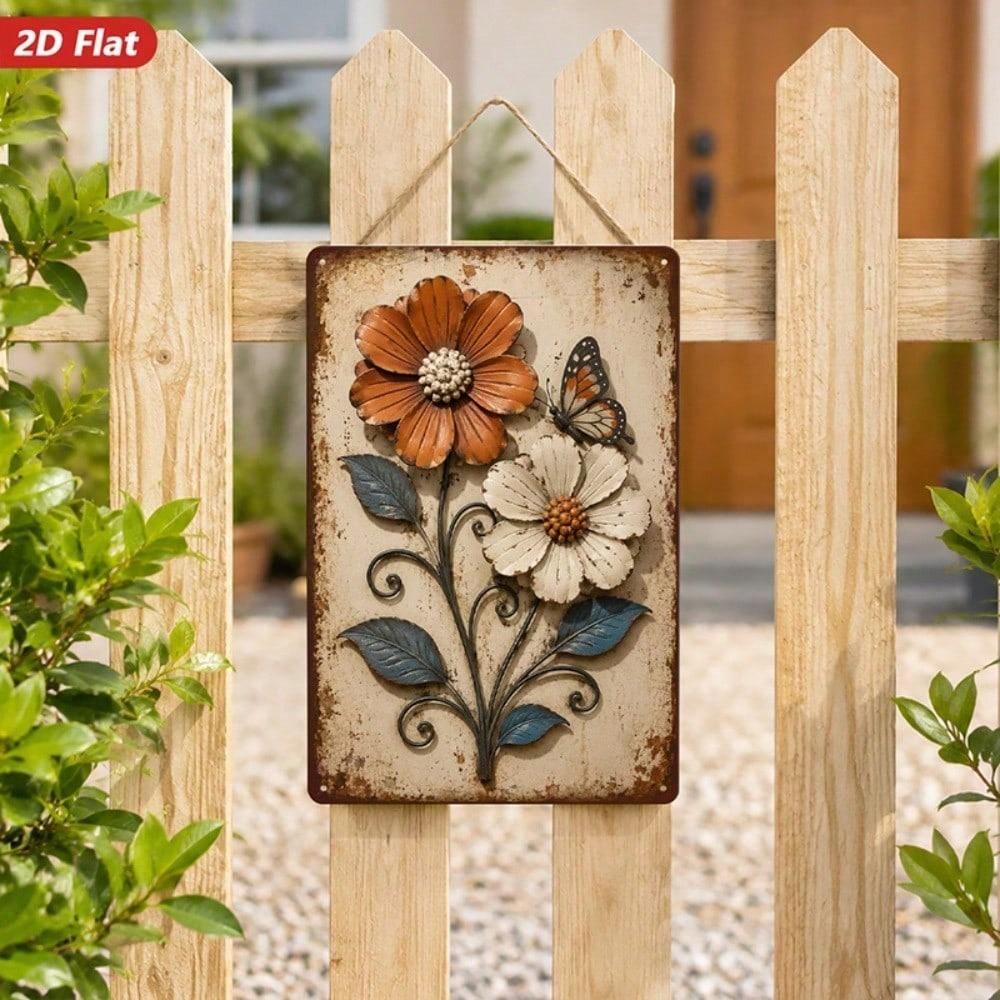 1pc 2D Flat Metal Wall Art Sign, Rustic Floral Butterfly Metal Plaque, Durable Windproof Decor with Rounded Corners