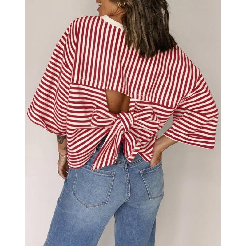 2026 New Women's Round Neck Striped Back Tie Bow Pullover Knitted Top