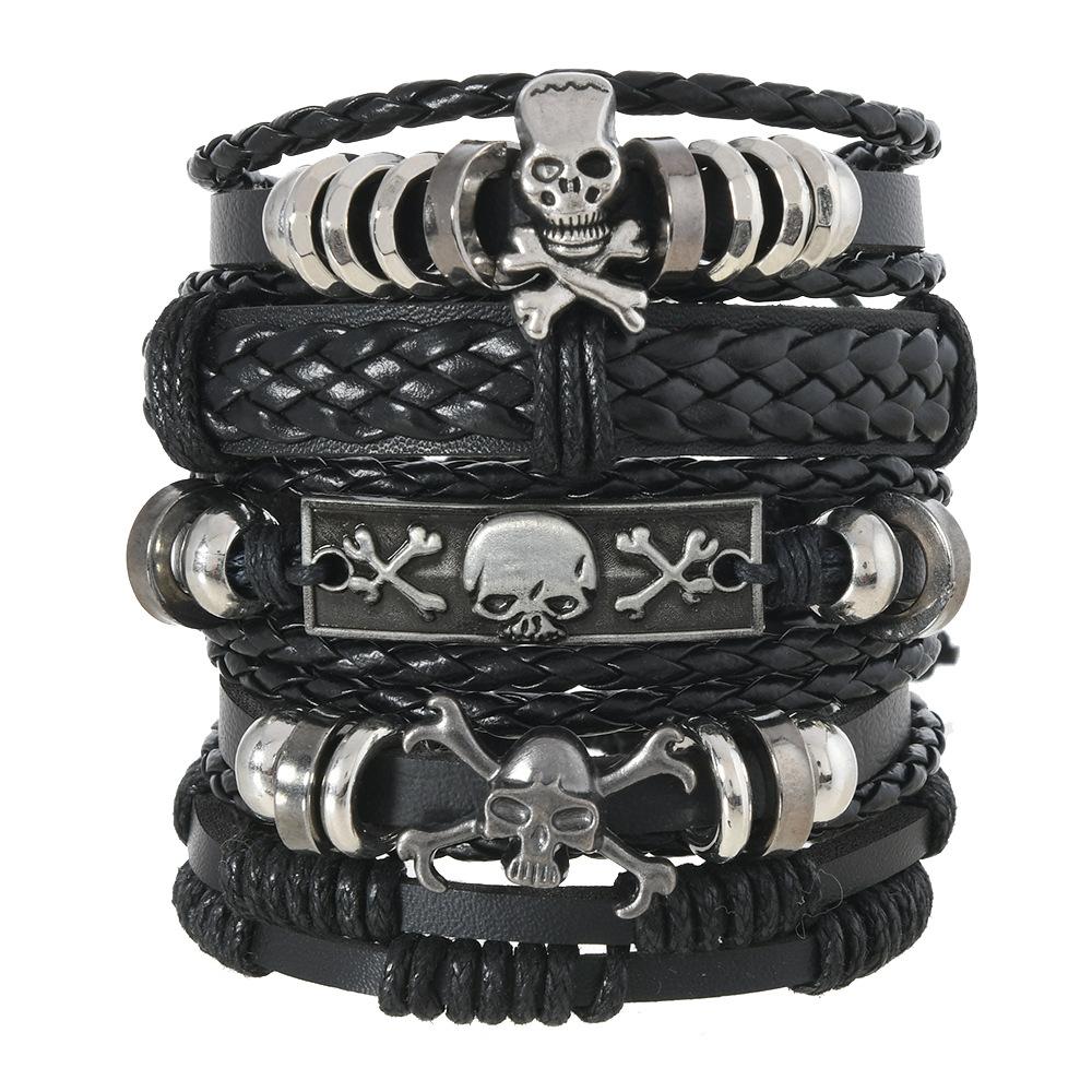 Men's Punk Skull Leather Bracelet Set Multi-Layer Gothic Rock Chain Bracelets Pentagram Charm Hip Hop Streetwear Badge Jewelry Accessories for Him