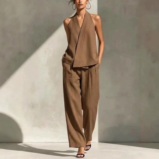 Women's Two Piece Set, Sleeveless V Neck Vest Top And Wide Leg Pants Matching Sets, Casual Business Office Work Outfits