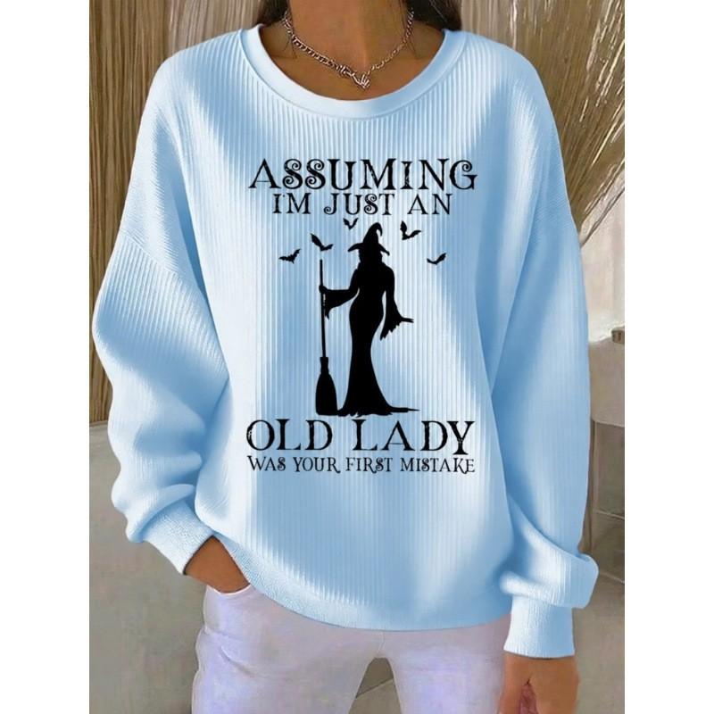 2026 Halloween Witch Print Crew Neck Long Sleeve Pullover Sweatshirt Unisex