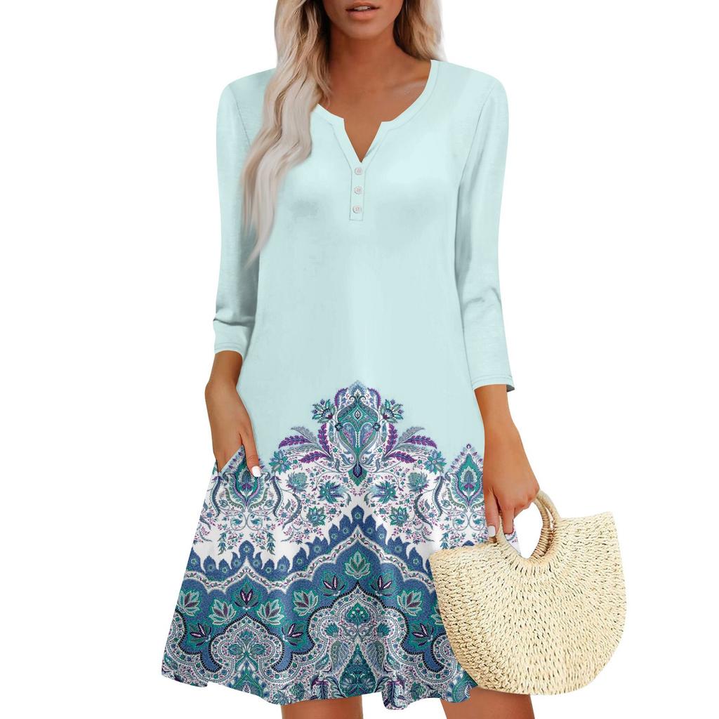Women's Summer Dress Loose V Neck Three-quarter Sleeve Sundress With Pockets Dress