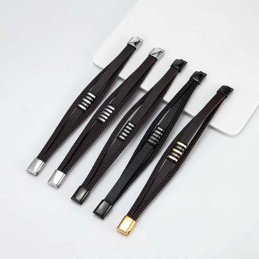 European And American Popular Stainless Steel Leather Bracelet Men's Multilayer Woven Leather Bracelet