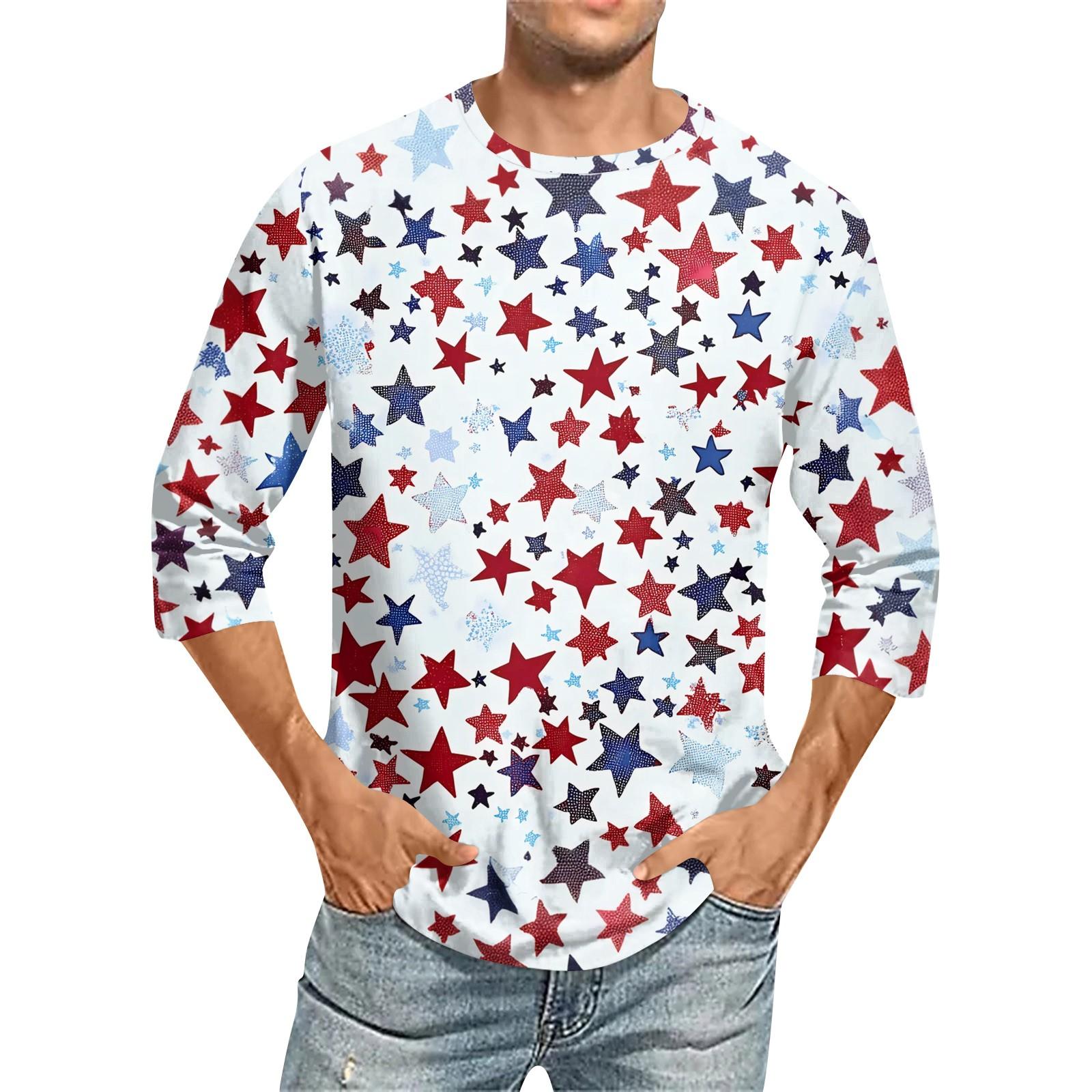 Men s Fashion Casual Independence Day Print Neck Seven-point Sleeve Top T-shirt XL белый 1530₽