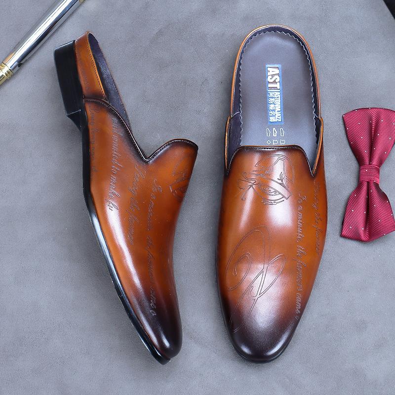 Mode Luxe Heren Pantoffels Echt Leer Loafers Heren Mocassins Casual Antislip Herenschoenen Italiaanse Zomer Mode Halve Schoenen Voor Heren