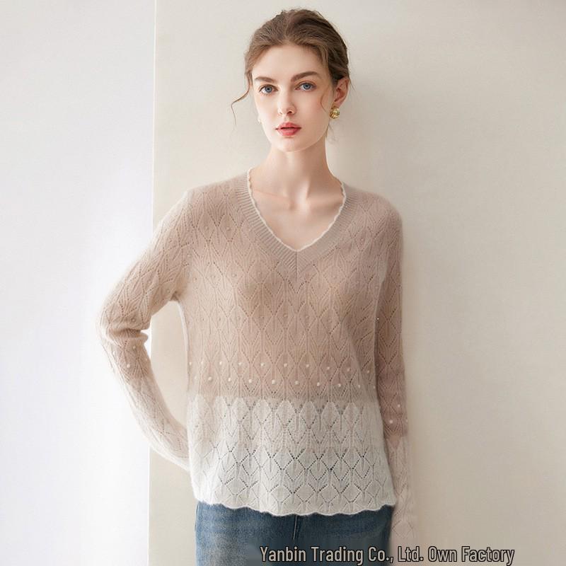 Women's V-Neck Cashmere Lurex Lace Knitwear - Autumn Winter Color Block Design