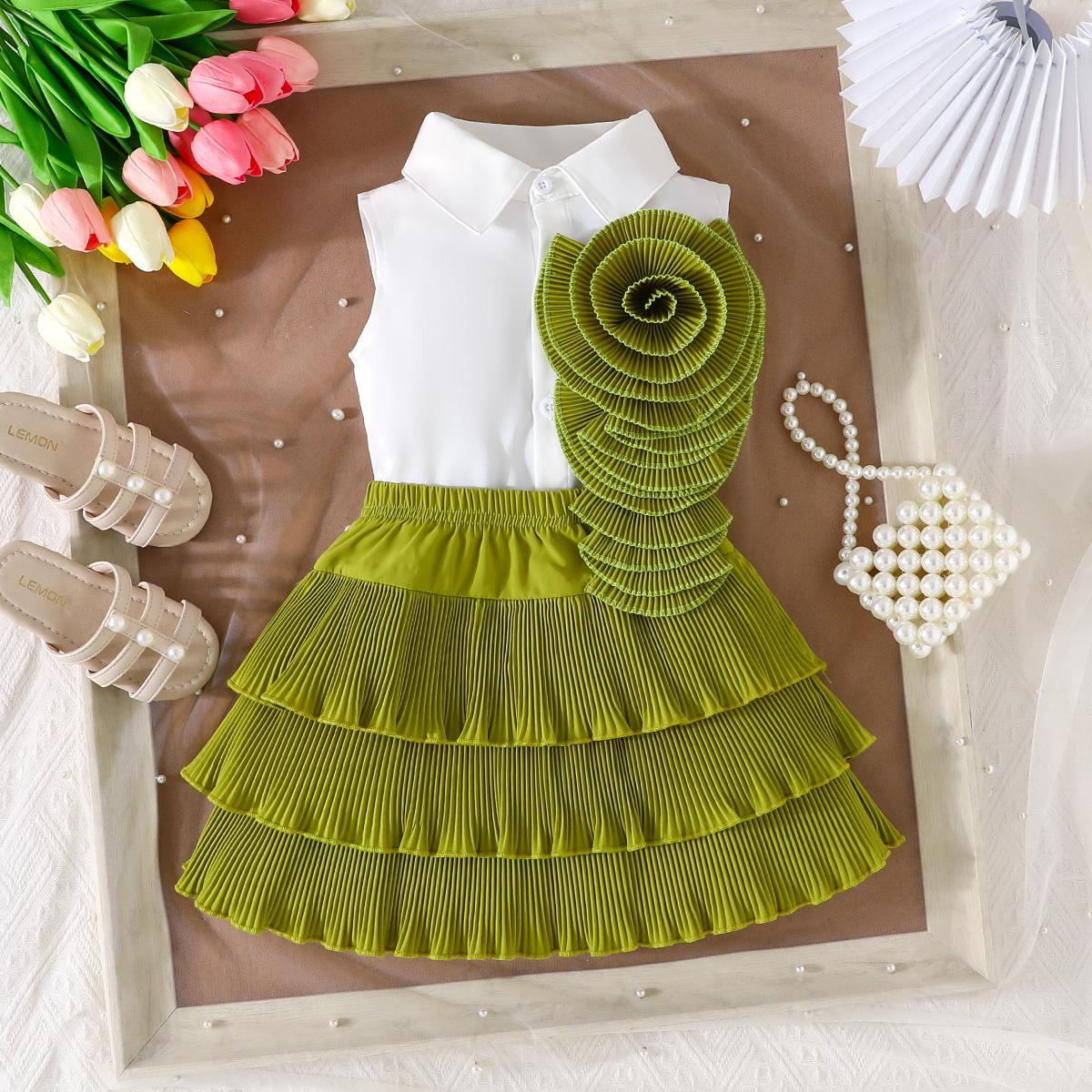 

Girls 2Pcs Sleeveless Shirt Top & Tiered Skirt Set 2-3Y бронзовый желтый
